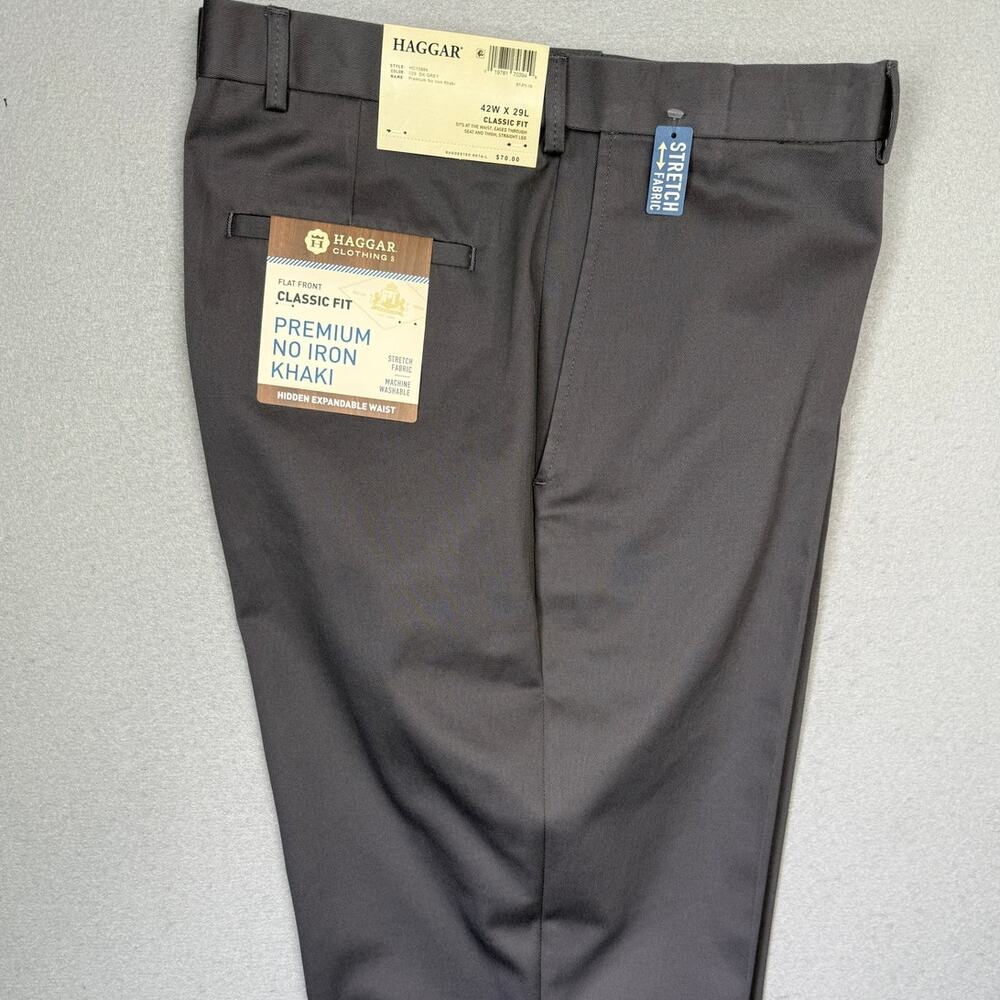 Haggar Men’s Premium No Iron Khaki Straight Flat-Front Pants Grey 42x29 $80
